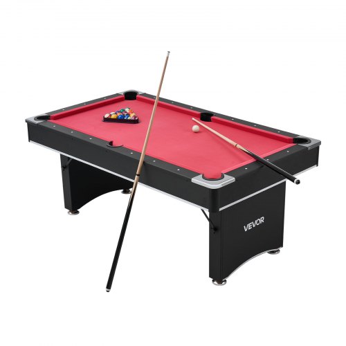 VEVOR Billardtisch 183 cm moderner Spieltisch mit verstellbaren Füßen, komplettes Set inkl.Bällen / Queues / Ständer / Kreide / Bürste, für Spielzimmer Freizeiträume schwarz mit rotem Tuch