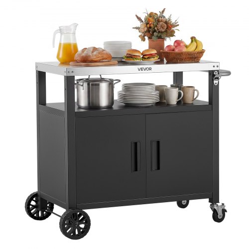 VEVOR Outdoor-Grillwagen mit Aufbewahrungsschrank, 92 cm Grilltisch mit Edelstahlplatte, Griff, Rollen und Flaschenöffner, Küchenwagen & Servierwagen für Terrasse, Garten, Bar und BBQ-Bereich