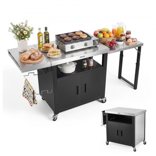 VEVOR Outdoor-Grillwagen mit Aufbewahrungsschrank, 190 cm Grilltisch mit Edelstahlplatte, Gewürzablage, Seitentisch (Klappbar) und Handtuchhalter, Küchenwagen & Servierwagen für Terrasse, Garten, Bar