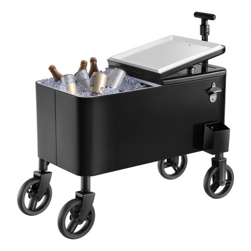 VEVOR Kühlwagen Getränkewagen 75,71 L bis zu 50 Flaschen/110 Dosen, Beistellwagen für Terrassenpartys und Bars mit Kor Teleskopgriff & Flaschenöffner & Kronkorkensammler, Getränkekühler Schwarz