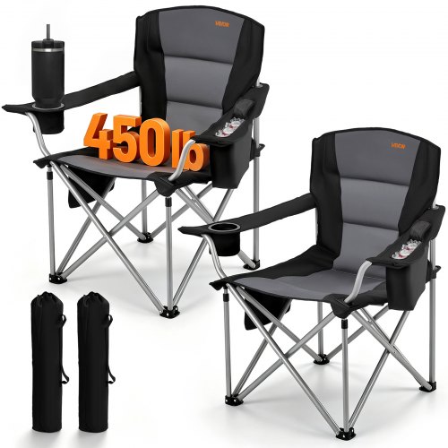 VEVOR 2 x Campingstühle (Übergroß) Faltstühle 204 kg Belastbar, Anglerstühle mit Gepolsterter Rückenlehne & Armlehnen, Klappstühel mit Getränkehalter & Seitentasche, für Outdoor-Aktivitäten Angeln