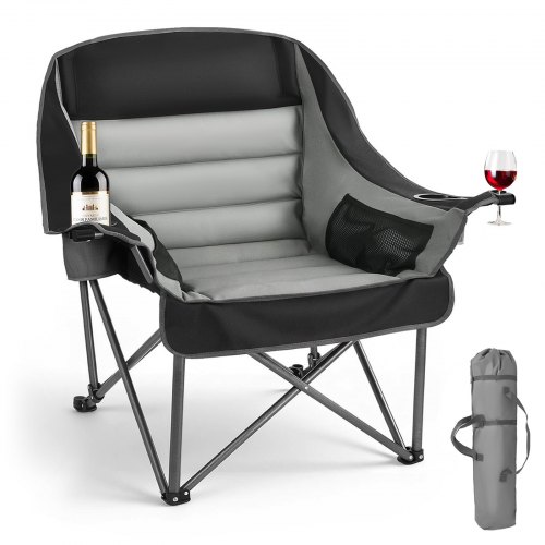 VEVOR Campingstuhl (Übergroß) Faltstuhl 204 kg Belastbar, Anglerstuhl mit zwei Getränke- und Weinglashaltern, Klappstuhl für Outdoor-Aktivitäten Angeln Grillen, Schwarz & Grau, 1 Stk.