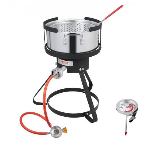 

VEVOR Fisch Fritteuse Flügelfritteuse 9,35 L Propan-Fischfritteusen-Set aus Aluminium, Meeresfrüchte-Topf Outdoor mit Thermometer, Siebkorb und 54.000 BTU Propanbrennern, zum Kochen im Freien