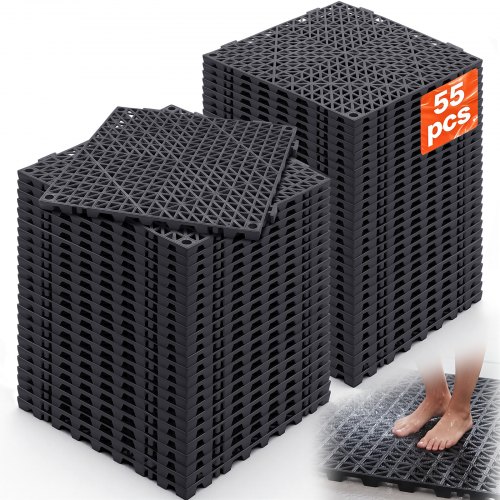VEVOR Ineinandergreifende Fliesen 55 Stk. Bodenfliesen Drainage-Bodenfliesen, Bodenfliesen 30 x 30 cm Außenbereich Quadratische Bodenfliesen Terrasse PVC Bodenfliesen Badezimmer, Toilette, Schwarz