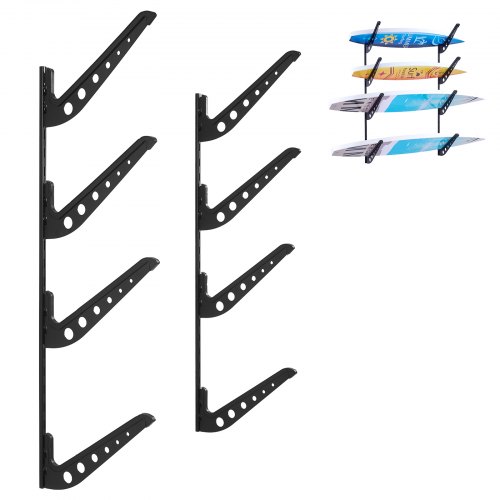 VEVOR Surfbrett-Wandhalterung (4 Ebenen) horizontales Surfbrett-Rack Aufhänger zur Aufbewahrung & Präsentation, höhenverstellbarer Organizer für Kiteboards Shortboards Skier Snowboards Schwarz