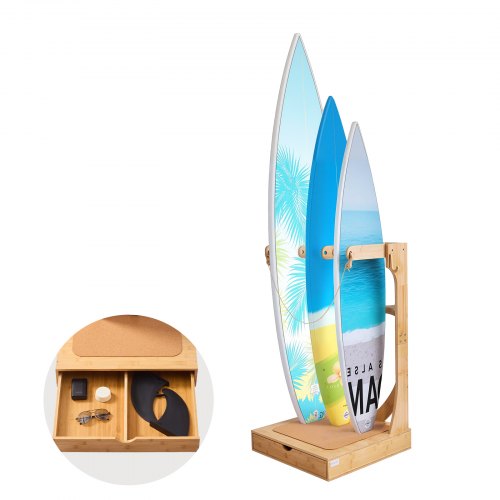 VEVOR Vertikaler Surfbrettständer 3-stufiges Surfbrettregal aus Holz zur Aufbewahrung & Präsentation, freistehender Boardständer-Organizer mit Holzhaken & Korkpolsterung & Schubladen