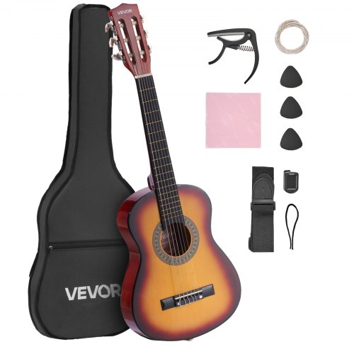 VEVOR Konzertgitarre, 780 mm, Holz-Klassikgitarren-Starter-Set für Anfänger, mit Nylonsaiten, Gigbag, Gurt, Stimmgerät, zusätzlichen Saiten, Plektrum, Kapodaster, Linde, für Einsteiger, Sunburst