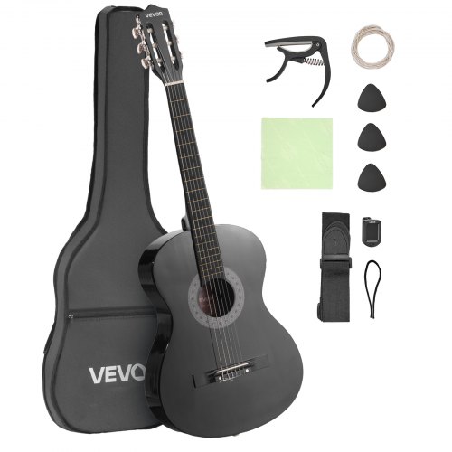 

VEVOR Konzertgitarre, 960 mm, Holz-Klassikgitarren-Starter-Set für Anfänger, mit Nylonsaiten, Gigbag, Gurt, Stimmgerät, zusätzlichen Saiten, Plektren, Kapodaster, Linde, für Einsteiger, Schwarz