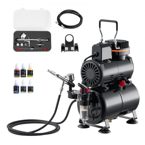 VEVOR Airbrush Set 1/6 PS mit Luftkompressor & Tank, 1 Dual Action Airbrush Pistole mit 3 Düsen (0,2/0,3/0,5 mm) & Schlauch & Acrylfarbe & 1 Ventilator, für Kuchendekoration Modellmalerei Nagelkunst