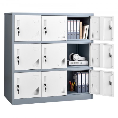 VEVOR Metallspind 3 Ebenen, Schließfachschrank, Tragkraft 30 kg, Wertfachschrank 2 Schlüssel pro Tür, Fächerschrank für Büro, Schule, Fitnessstudio, einfache Montage, 90x45x94 cm, Grau/Weiß