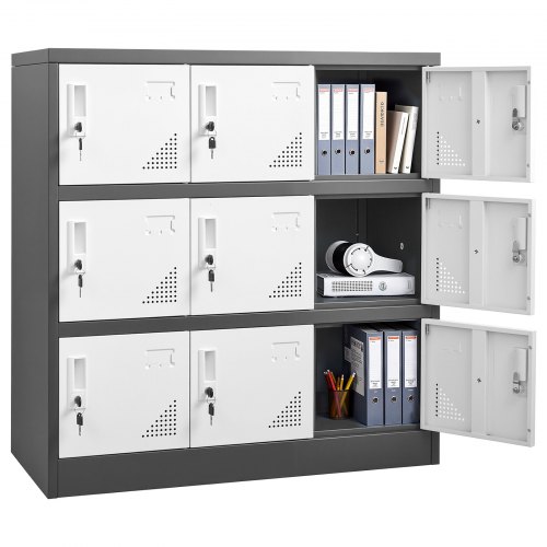 VEVOR metalen locker, 3 niveaus, lockerkast, 30 kg draagvermogen, locker voor waardevolle spullen met 2 sleutels per deur, compartimentkast voor kantoor, school, sportschool, eenvoudige montage, 90x45x94 cm, grijs/wit