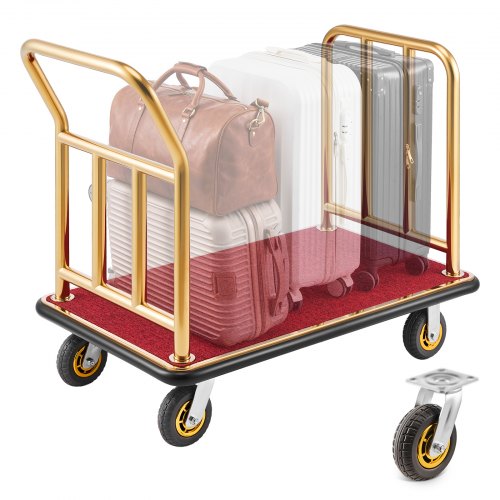 VEVOR Hotelgepäckwagen aus Edelstahl,  340,19 kg Belastbarer Kofferwagen mit 6 Zoll Gummirädern, Hotelwagen mit Rotem Teppichboden, Gewerblicher Plattformwagen für Hotels Ferienwohnungen Resorts, Gold