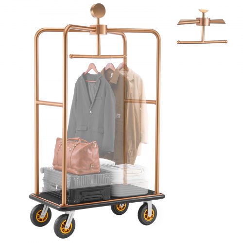 VEVOR Hotelgepäckwagen aus Edelstahl,  544,31 kg Belastbarer Kofferwagen mit 8 Zoll Gummirädern, Hotelwagen mit Schwarzem Teppichboden & Garderobenstange, Gepäckwagen für Hotels Resorts, Roségold