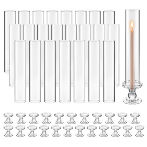 VEVOR 24 Stk. Glaszylinder für Kerzen Set, Hurricane Kerzenhalter 60x390mm, Kerzengläser aus Borosilikatglas, Bodenlose Kerzenschatten mit Kerzenständer, Kerzenhalterhülle für Hochzeit Weihnachten
