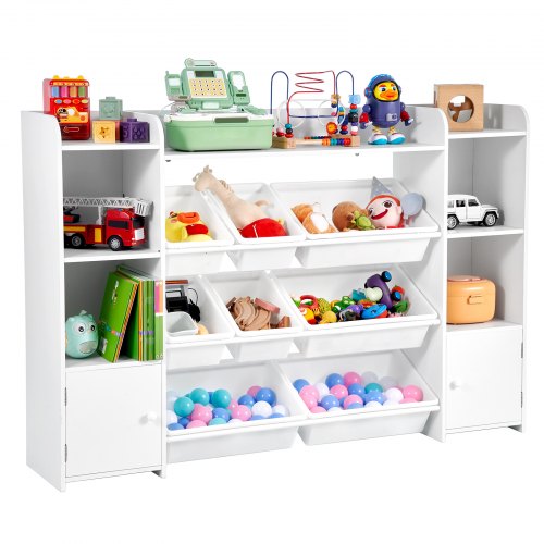 

VEVOR Spielzeugaufbewahrung Organizer Bücherregal Spielzeugregal, 4-stöckige multifunktionale Ablage mit 8 flexiblen Kunststoffbehältern Schrank für Schlafzimmer Klassenzimmer Kinderzimmer Weiß