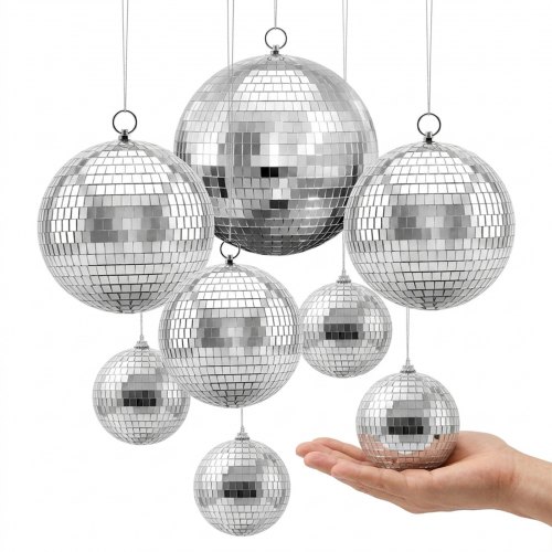 VEVOR Spiegelkugel Discokugel Mirrorball 100/150/200 mm 8er-Pack Hängerring, für Party- & Heimdekoration DJ Tanzclub, Equipment für Lichteffekte & Partybeleuchtung, 360°-Reflexion, Wiederverwendbar