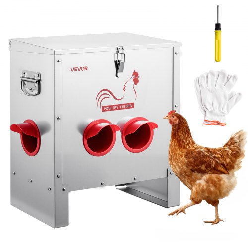 VEVOR Futterautomat Hühner, 11,34 kg, 6 Futteröffnungen, Geflügelfutterspender, automatische Schwerkraftbefüllung, Deckel mit Griffverriegelung, Metallkonstruktion, für Hennen/Enten/Geflügel