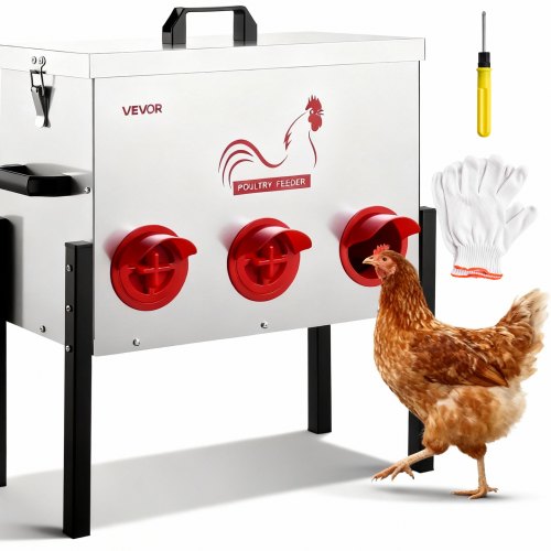 

VEVOR Futterautomat Hühner, 13,61 kg, 6 Futteröffnungen, Geflügelfutterspender, höhenverstellbar & mit verriegelbarem Deckel, Metallkonstruktion, Hühnerzubehör für Hennen/Enten/Geflügel