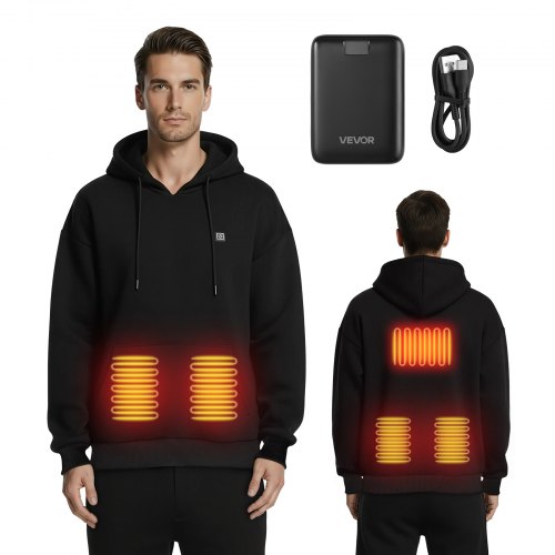 

VEVOR Beheizbarer Hoodie, Unisex, Heizpullover mit 7,4 V 16000 mAh wiederaufladbarem Powerbank-Pack, 5 Heizzonen, 3 Temperaturstufen, 4–8 Stunden Wärme, für Winter-Outdoor-Camping, Schwarz, M