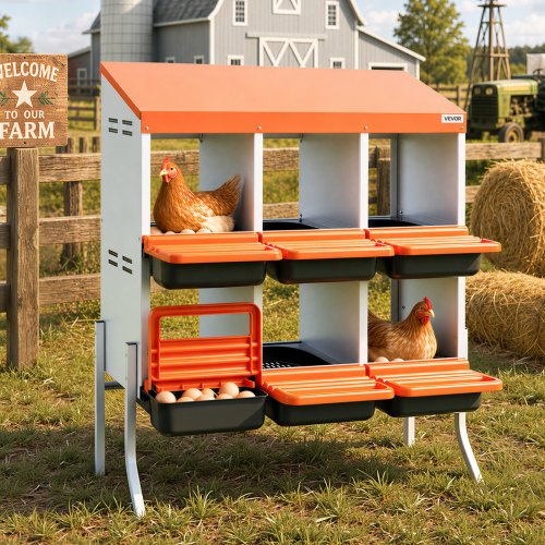 VEVOR 2-stöckiges Legenest 795x525x990 mm, 6 Fächer, Hühnernest aus Metall mit Stützbeinen, Geflügelnester, Abrollnest, ideal für Hennen, Enten, Hühner & anderes Geflügel, Orange