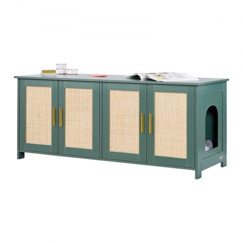 VEVOR Katzenschrank, 1200x450x500 mm, Katzentoilette mit 4 Rattantüren & 2 Eingängen, Katzenklo Schrank für den Innenbereich, Katzenhaus passend für die meisten Katzentoiletten, grün