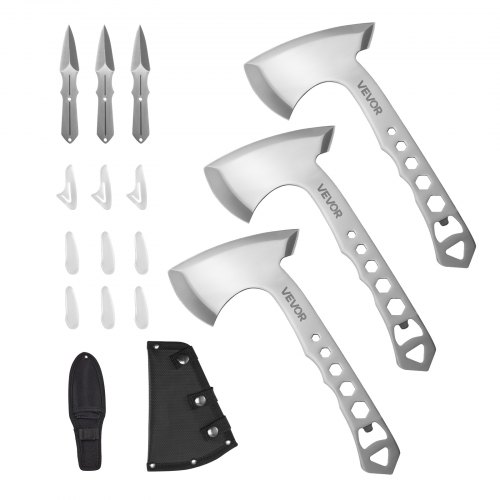 

VEVOR Wurfäxte und Tomahawks Set inkl. 3 Stk. Beile & 3 Stk. Wurfmesser, Wurfprodukte-Set, Griff mit Schraubenschlüssel & Flaschenöffner, Edelstahl, schwarze Nylonscheide, für Freizeitwettbewerbe
