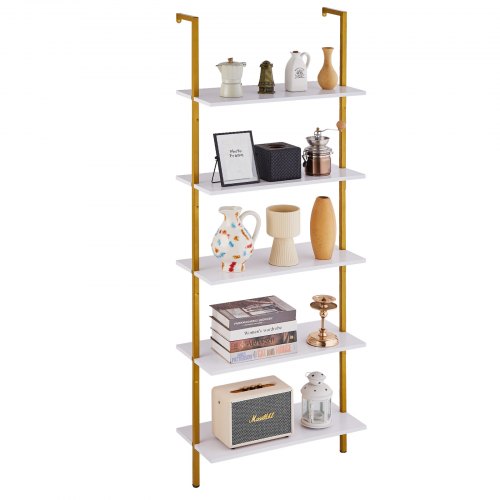 

VEVOR Leiterregal mit Metallrahmen, 5 Ebenen, Bücherregal Wandmontage, industrielles quadratisches Rohrregal, 61x30 cm, Kleinteilehalter für Küche, Schlafzimmer, Badezimmer, Wohnzimmer, Goldweiß