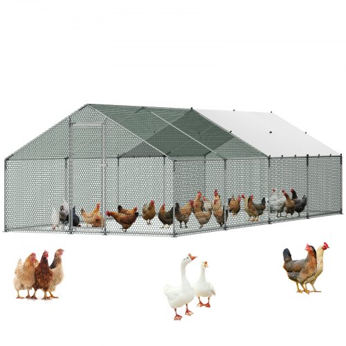 VEVOR Hühnerstall Metall, 3x8x2 m, Begehbarer Hühnerauslauf mit Abdeckung, Hühnerauslauf mit Spitzdach & Sicherheitsschloss, Enten- & Kaninchenkäfig, Geflügelgehege für Hinterhof, Bauernhof, Hof