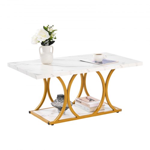 

VEVOR Couchtisch Beistelltisch in Marmoroptik, zweistufiger rechteckiger Beistelltisch Sofatisch mit Metallgestell & geometrischen Beinen & 95 kg Tragkraft, minimalistischer Wohnzimmertisch Weiß