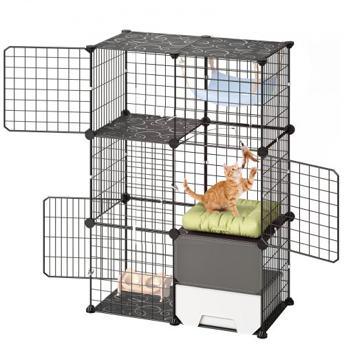 VEVOR Katzenkäfig Katzengehege 3-Stock Katzenauslauf 71,1x45,5x104,1cm, DIY-Katzenlaufstall mit Katzentoilette Abnehmbarer Metall-Drahtkäfig für Indoor Ideal für 1-2 Katzen & Kleintiere Schwarz