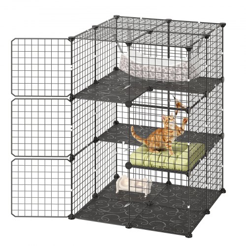 VEVOR Katzenkäfig 3-Stöckig Katzengehege Haustierkäfig 71,1x71,1x104,1cm, DIY-Katzenlaufstall mit Hängematte Abnehmbarer Metall-Drahtkäfig für Innenbereich Ideal für 1-2 Katzen Kleintiere Schwarz