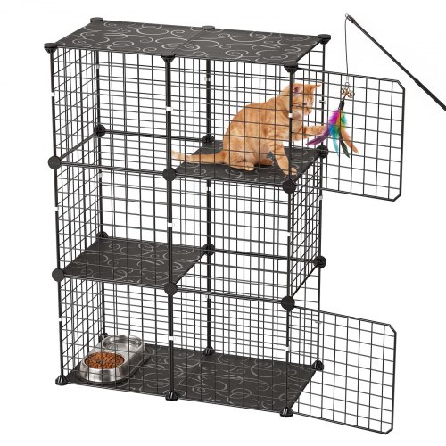 VEVOR Katzenkäfig Katzengehege 3-Stock Katzenauslauf 71,1x35,5x104,1cm, DIY-Katzenlaufstall für Indoor Abnehmbarer Metallgitterkäfig Ideal für 1-2 Katzen Kaninchen Frettchen & Kleintiere Schwarz