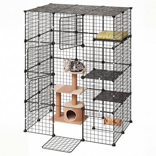 VEVOR Katzenkäfig Katzengehege 4-Stöckig Katzenauslauf 104,1x71,1x139,7cm, DIY-Katzenlaufstall Abnehmbarer Metallkäfig mit 4 Türen Ideal für 1-2 Katzen, Kätzchen Kleintiere Schwarz