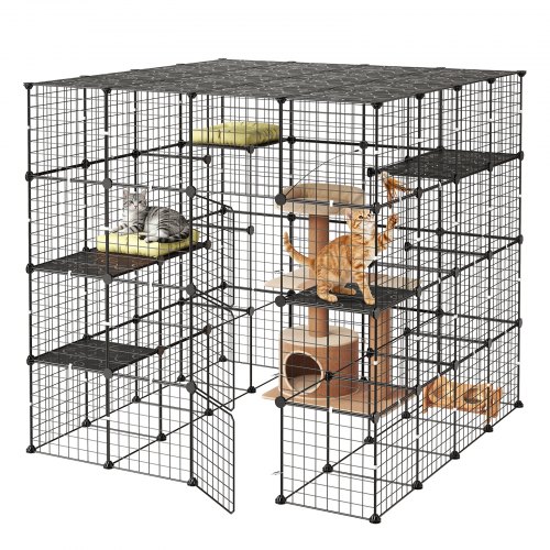 VEVOR Katzenkäfig Katzengehege 4-Stock Katzenauslauf 139,7x139,7x139,7cm, DIY-Katzenlaufstall für Indoor Abnehmbarer Metallkäfig mit 3 Türen Ideal für 2-3 Katzen & Kleintiere Schwarz
