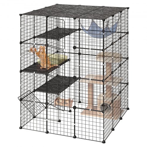 VEVOR Katzenkäfig Katzengehege 4-Stock Katzenauslauf 104,1x104,1x139,7cm, DIY-Katzenlaufstall Abnehmbarer Metallkäfig mit 4 Türen Ideal für 2-3 Katzen Kätzchen & Kleintiere Schwarz