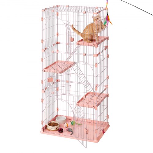 VEVOR Katzenkäfig Katzengehege 4-Stock Katzenauslauf 84x60,5x163,5 cm, DIY-Katzenlaufstall mit Leitern Abnehmbarer Drahtkäfig Indoor-Auslauf für 1-2 Katzen Frettchen & Kleintiere, Rosa