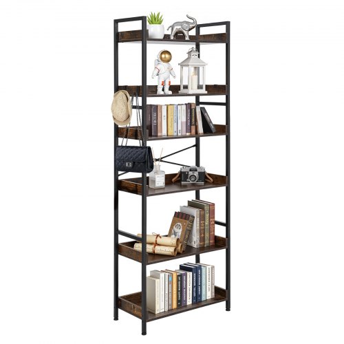 VEVOR Industrie-Bücherregal, 6-stufig, Vintage-Leiterregal mit Metallrahmen, Bücherschrank mit offenen Fächern, Standregal für Wohnzimmer, Schlafzimmer, Küche, Homeoffice, Rustikales Braun