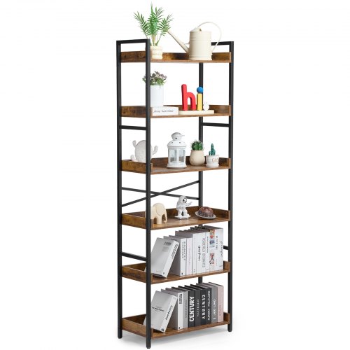 VEVOR Bücherregal aus Metall, 6-stöckiges rechteckiges Industrie-Bücherregal, rustikales Aufbewahrungsregal mit offenen Regalen, freistehendes Ausstellungsregal Lagerregal, für Schlafzimmer