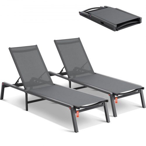 VEVOR Chaiselongue-Stühle für den Außenbereich, Aluminium-Terrassen-Liegestühle mit 5 verstellbaren Positionen, klappbare Pool-Liegestühle, Liegestühle und komplett flache Sonnenstühle für Terrasse, Strand, Pool, Dunkelgrau, 2 Stück