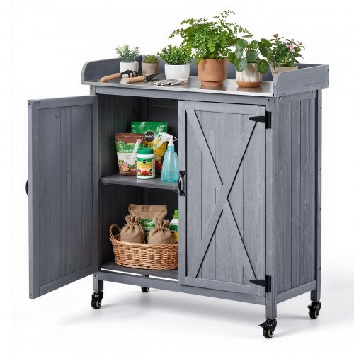 

VEVOR Pflanztisch, Gärtnertisch, Gartenarbeitstisch mit Unterschrank, Verzinkter Eisenplatte & 4 Rollen, Gartenschrank mit viel Stauraum, Blumentisch für Terrasse & Garten, Grau, 915x405x1015 mm