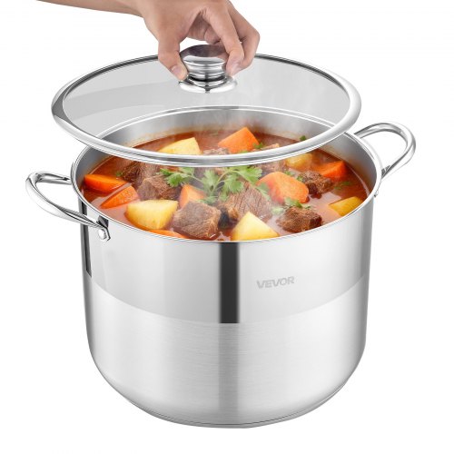 VEVOR Edelstahl Kochtopf 15,1 L Großer Suppentopf mit Glasdeckel Induktionsgeeignet Hochwertiger Nudeltopf PFOA-frei PFAS-frei für Gasherd Elektrokochfeld Ideal für Eintöpfe Pasta Familienportionen