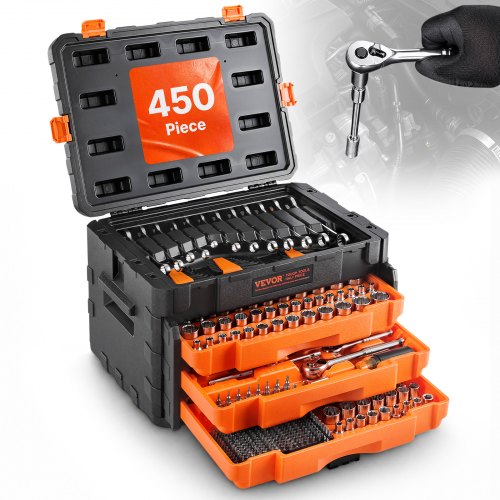 VEVOR Mechaniker-Werkzeugsatz Steckschlüsselsatz (450-tlg.) 6,4/9,5/12,7-mm-Antrieb, tiefe und Standard-Stecknüsse, SAE-metrisches Mechaniker-Werkzeugset mit Schraubenschlüsseln & Koffer