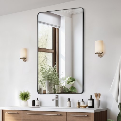 

VEVOR Wandspiegel Schminkspiegel Badezimmerspiegel 915 x 610 x 25 mm rechteckiger Spiegel, schwarzer Rahmen aus Aluminiumlegierung, mit Z-förmiger Halterung für Badezimmer Schlafzimmer Wohnzimmer