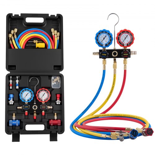 

VEVOR AC Klimaanlagen-Manometer-Set für R134a R404A R1234y R22 Kältemittel, 3-Wege-Manometer mit 1,5-m-Schläuchen & Adaptern & Schnellkupplungen & Dosenanschlüssen Geeignet für Kfz-Klimaanlagen