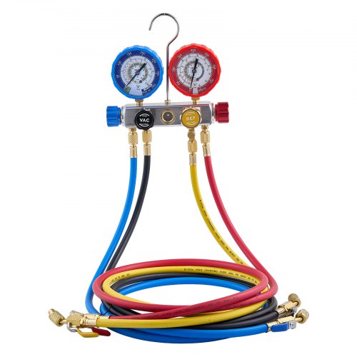 VEVOR Klimaanlagen-Manometer-Set für R22 R404A R410A R12 Kältemittel,4-Wege-Manometer mit 1,5-m-Schläuchen, für Wartung Evakuierung Befüllung Rückgewinnung von Klimaanlagen in Fahrzeugen Haushalten