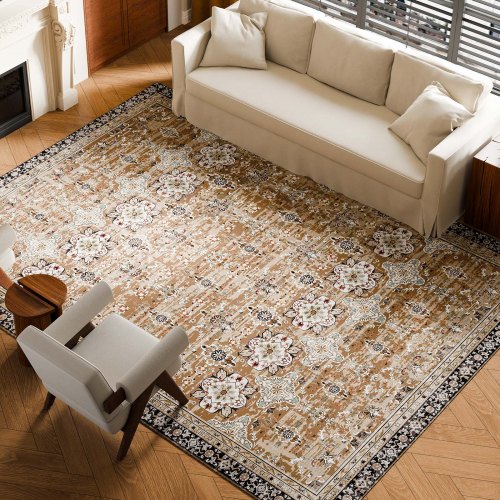 VEVOR Wohnzimmerteppich 2743x3658mm Teppich rutschfest Vintage-Stil Braun/Grün