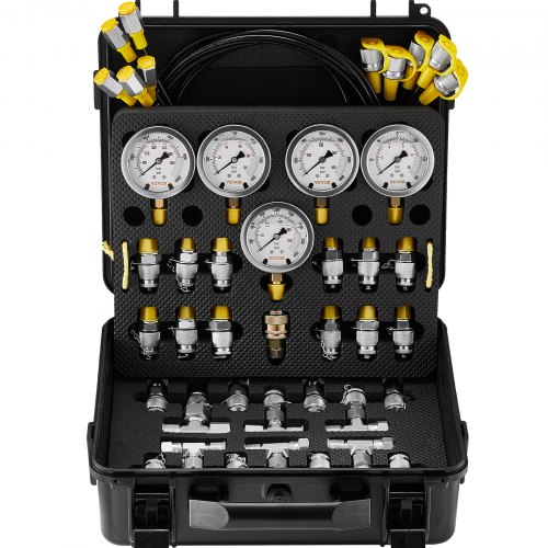 

VEVOR Hydraulikdruck-Testkit, 10/100/250/400/600 bar, 5 Messgeräte, 13 Kupplungen, 14 T-Anschlüsse, 5 Testschläuche, Bagger-Hydraulik-Testmanometer-Set mit Tragetasche für Bagger-Traktoren-Maschinen