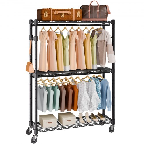 VEVOR 3-lagiger Rollbarer Kleiderständer Garderobenständer Kleiderstangen, 204 cm Höhe Stahl Kleiderständer 182 kg Belastbar, Strapazierfähig Ständer für Schlafzimmer, Wäscheraum, Ankleidezimmer usw.