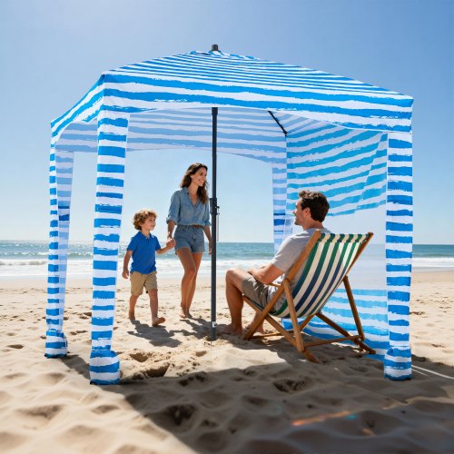 

VEVOR Strand-Cabana 183 x183 cm Strandüberdachung mit Seitenwand, UPF 50+ Sonnenschutz, Strandpavillon mit Sandsäcken, tragbarer Sonnenschutz Sonnenschirm für Familie Freunde Blaue Streifen