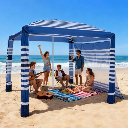 VEVOR Strand-Cabana, 2,4 x 2,4 m Strandüberdachung mit Seitenwand, UPF 50+ Sonnenschutz, Cabana mit Sandsäcken, höhenverstellbarer & tragbarer Sonnenschutz für Familie, marineblaue Streifen